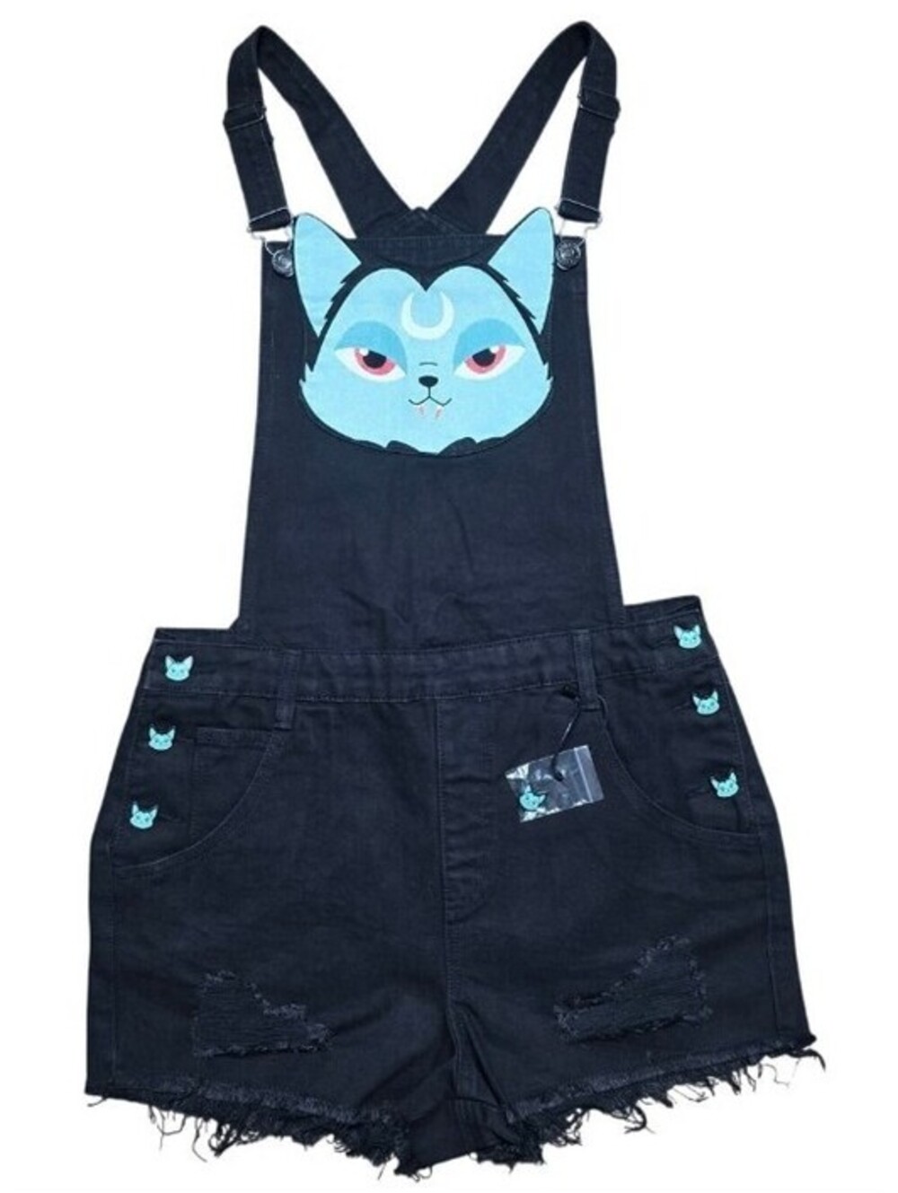 Killstar Lil Vampurr Black Cat Denim Overalls Shorts Women's Size Small NEW